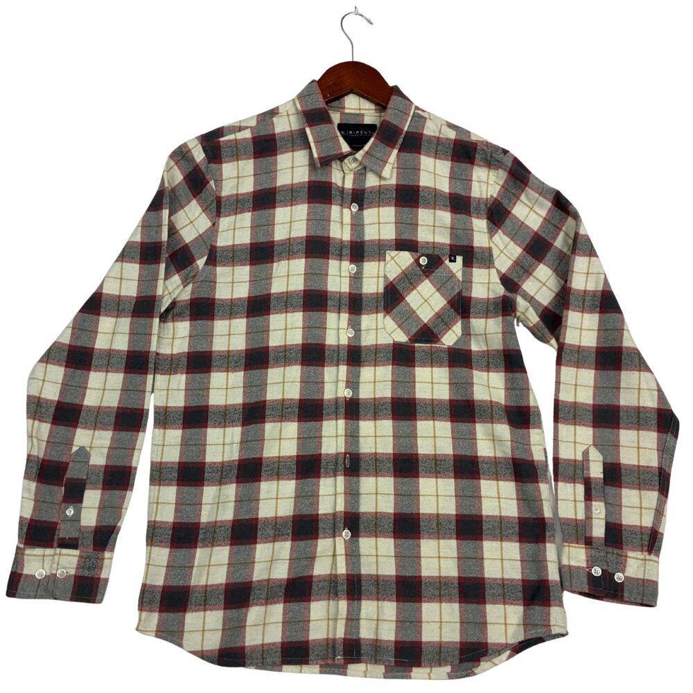 Rip Curl Mens M Plaid Flannel Shirt Red Gray Cream Long Sleeve Button Up Cotton